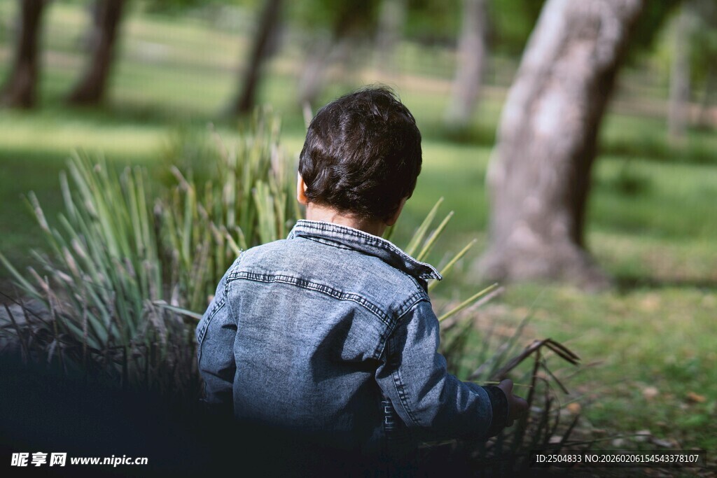 男孩独坐草地的静谧背影