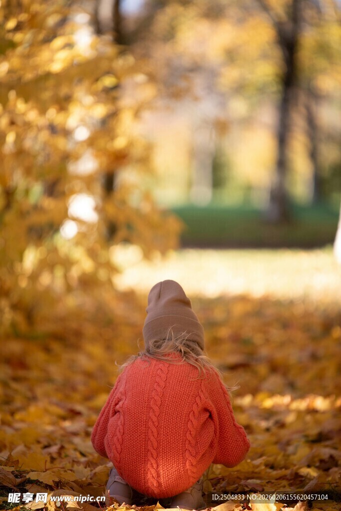 秋日孩童于落叶中背影