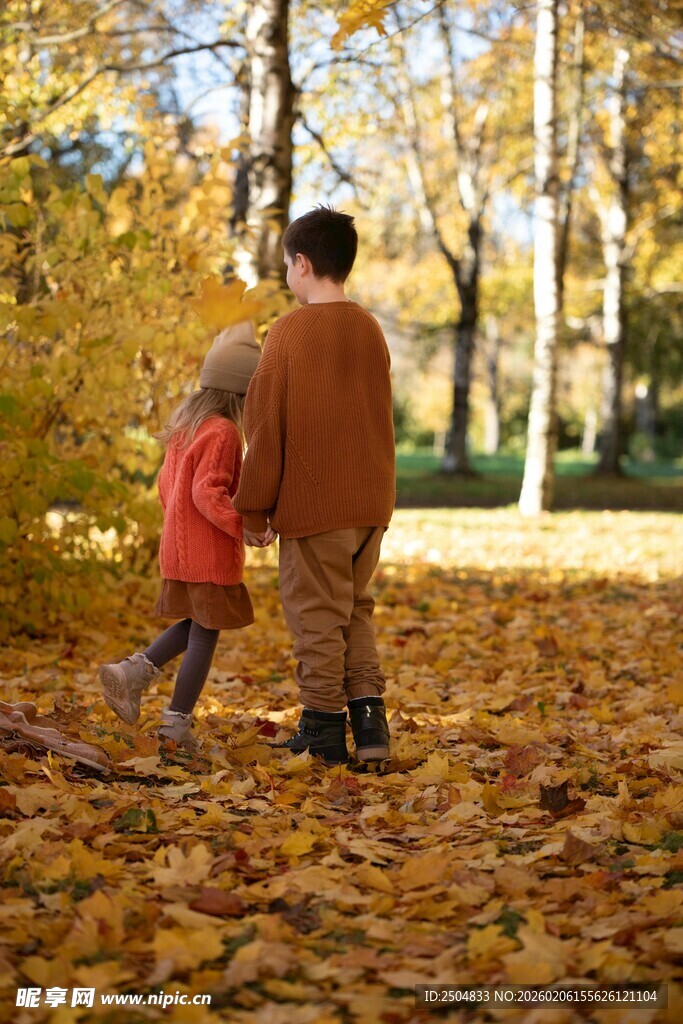 秋日亲子漫步落叶间