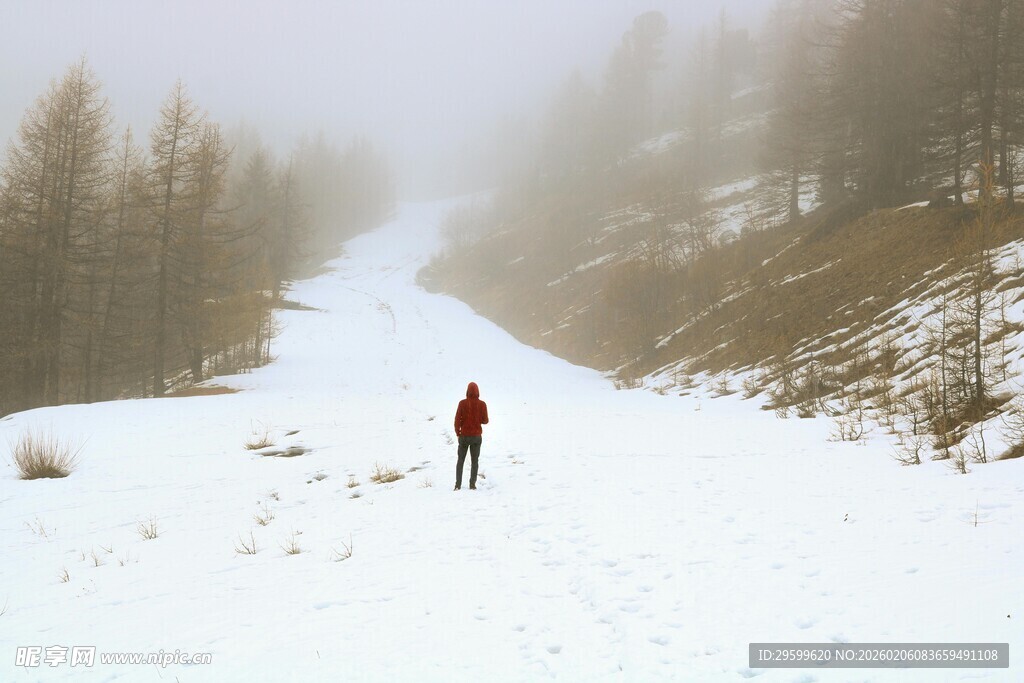 雪地独行的孤独身影
