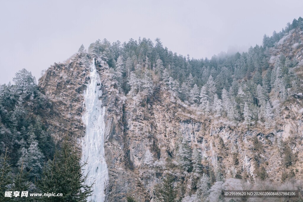 冬日山林中的壮丽瀑布
