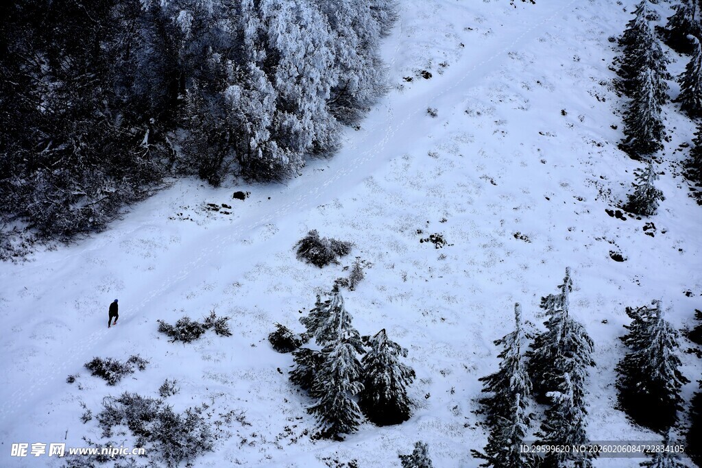 雪覆山林间的自然景象