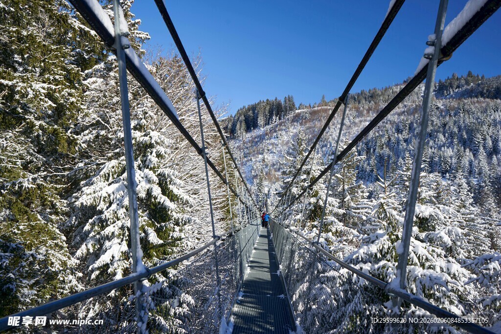 雪中山间吊桥景色