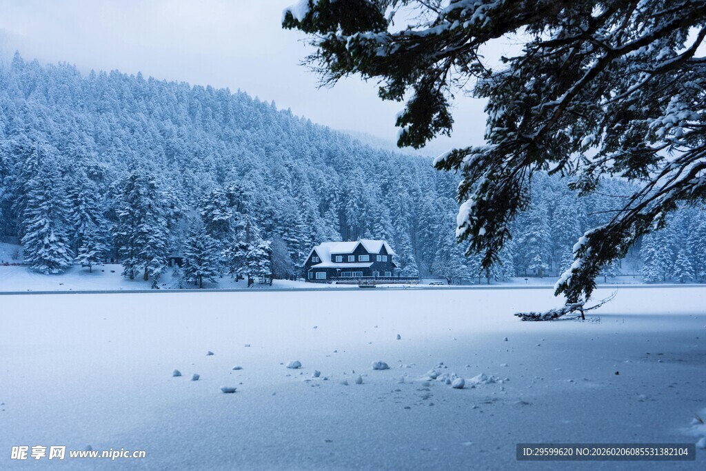 冬日雪景中的静谧小屋
