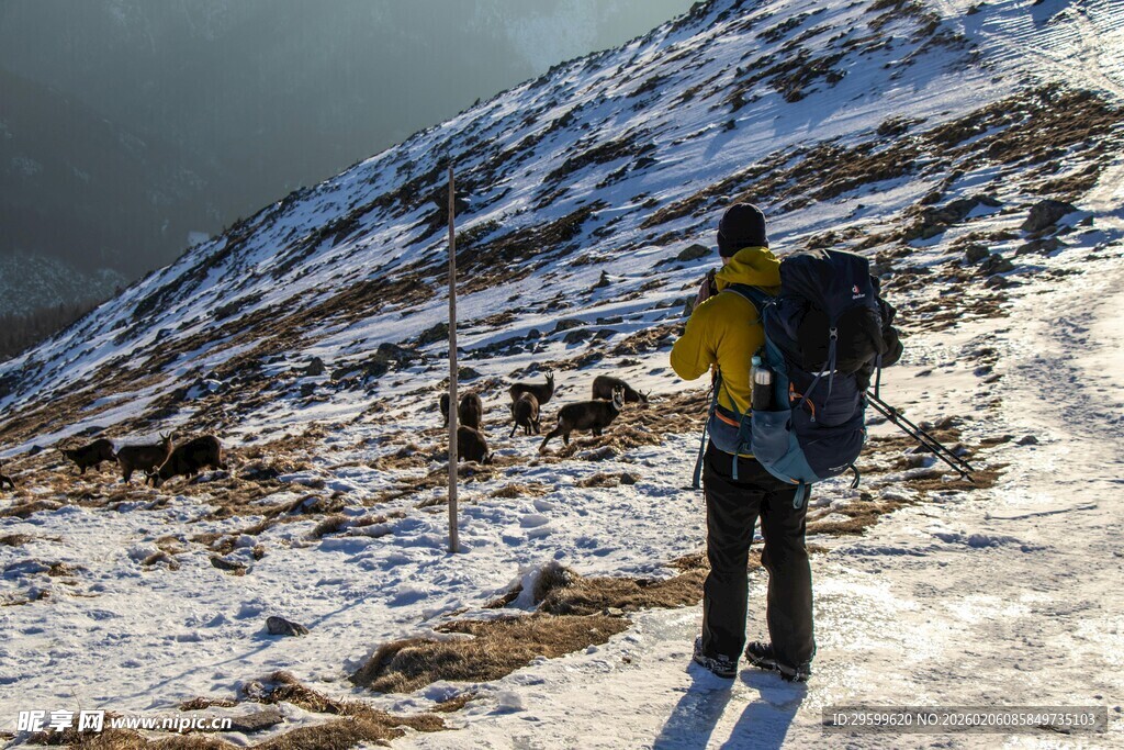 徒步者山间踏雪前行