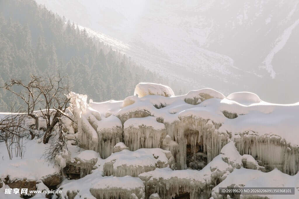 冬日雪景中的覆雪岩石景观