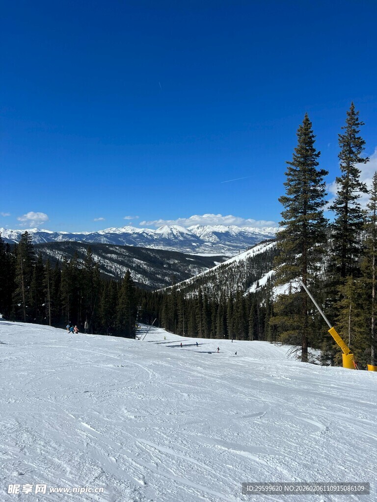 雪坡山林间的冬日美景