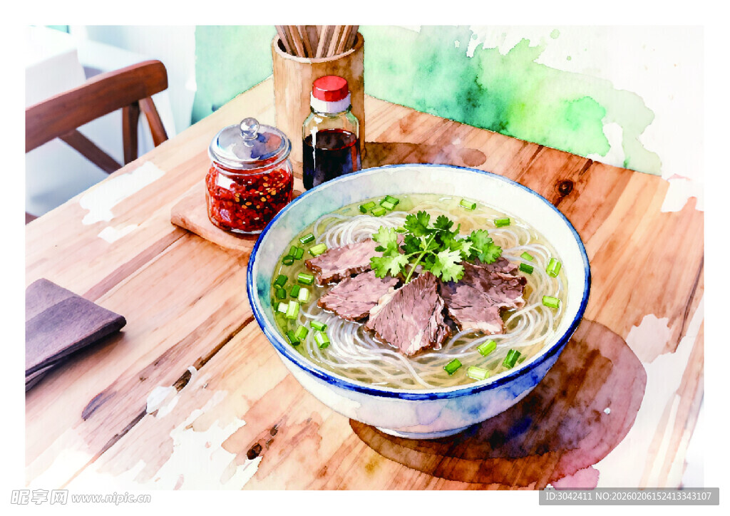 美味牛肉汤面摆于木桌