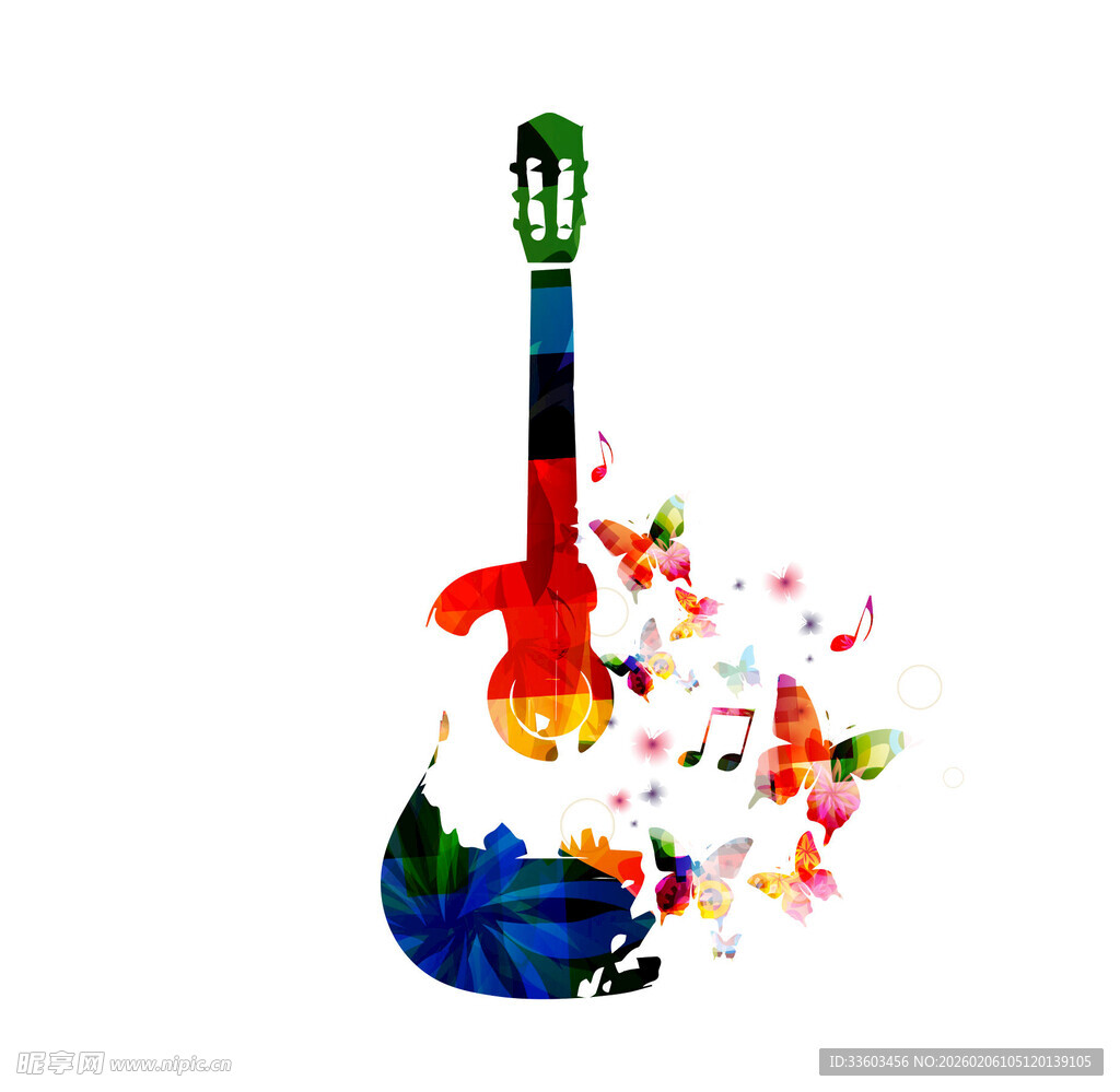 多彩吉他与音符艺术图案