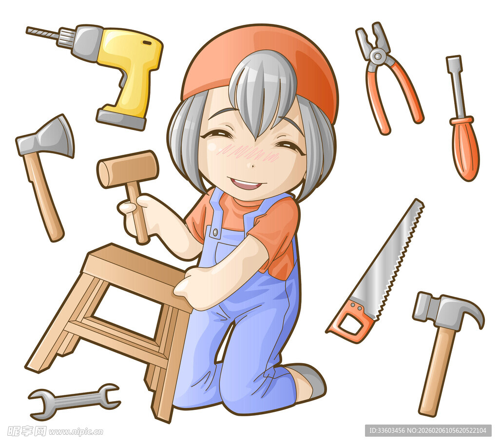 小女孩开心地修理木凳