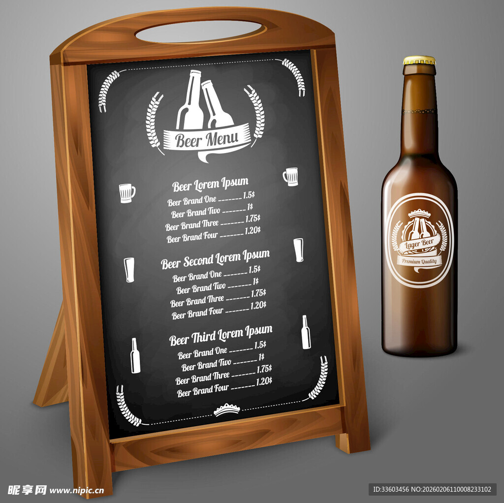 木质菜单板与啤酒瓶展示
