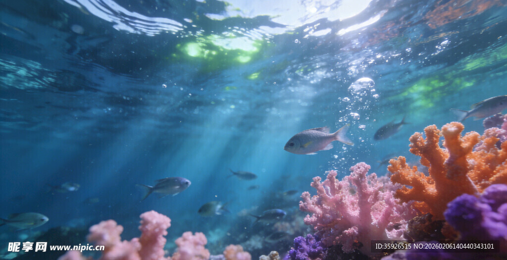 海底缤纷珊瑚与游动小鱼