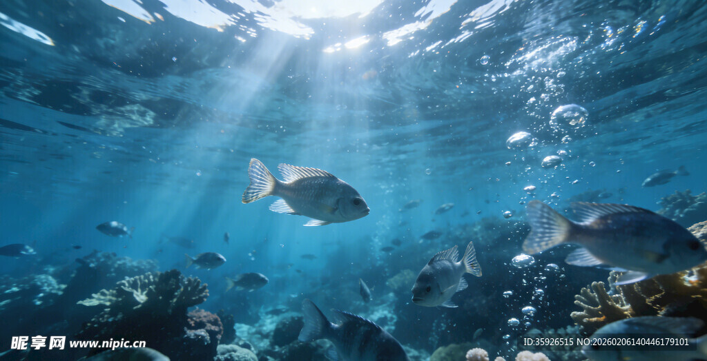 海底鱼群在阳光下游弋