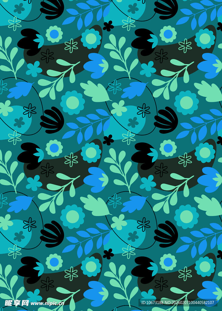 蓝绿花卉图案无缝背景
