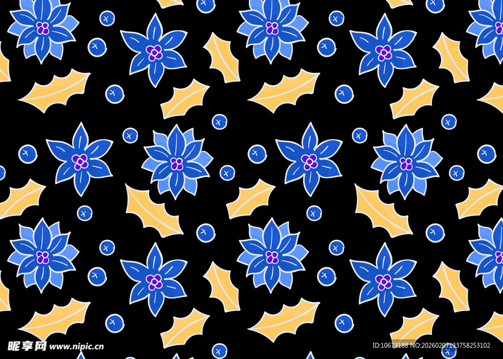 蓝黄雪花冬青叶图案背景