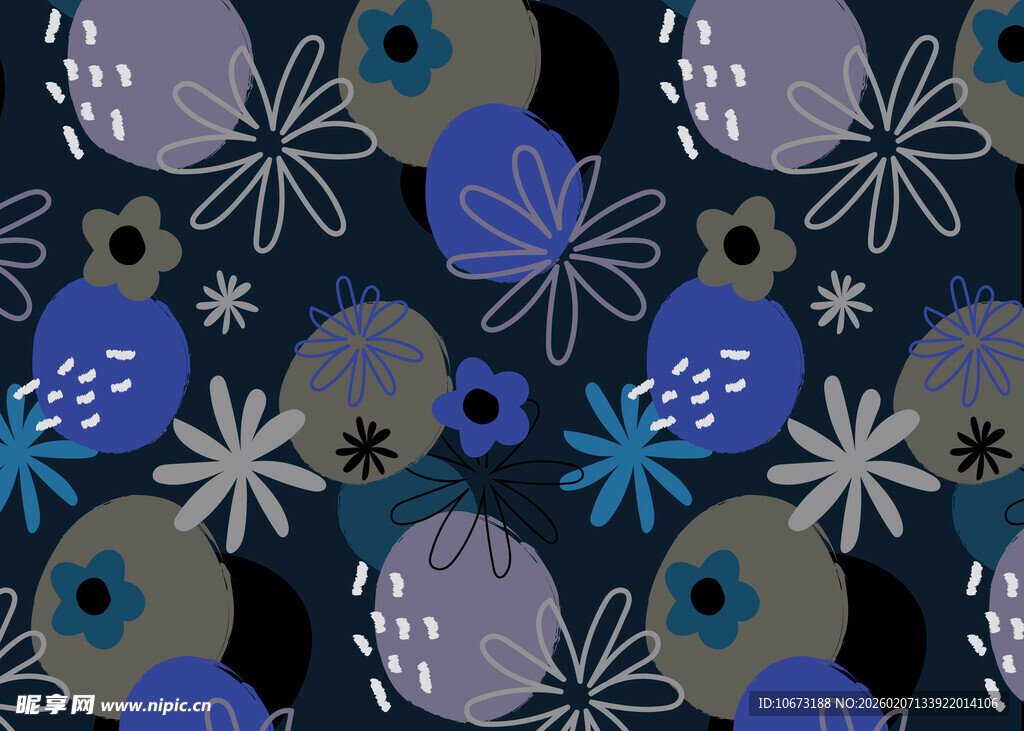 蓝紫色调花卉几何图案