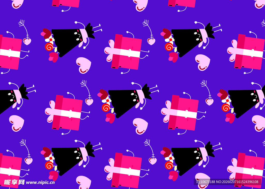 紫色背景上的礼物与气球图案