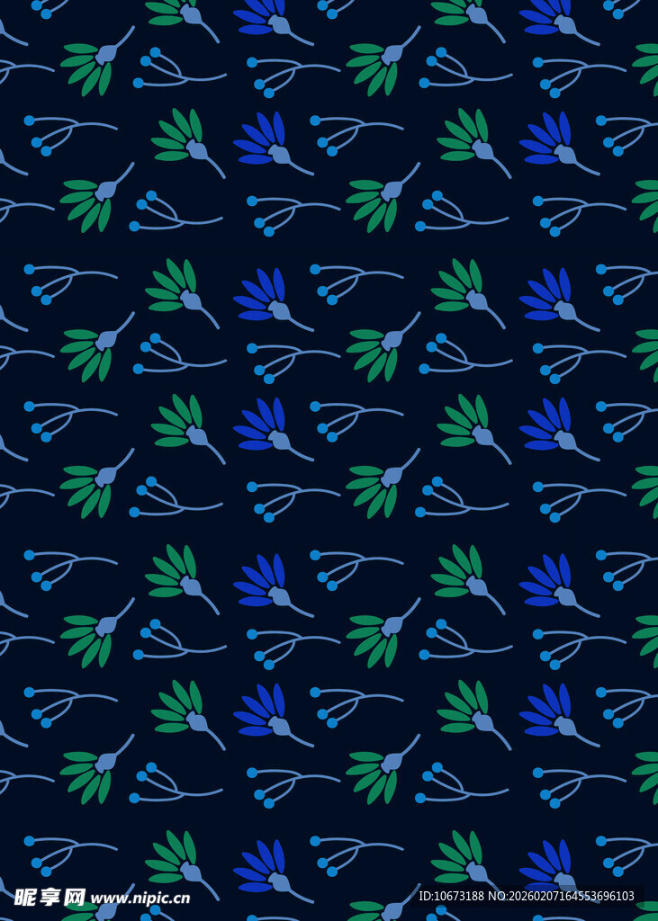 深蓝底多彩几何植物图案