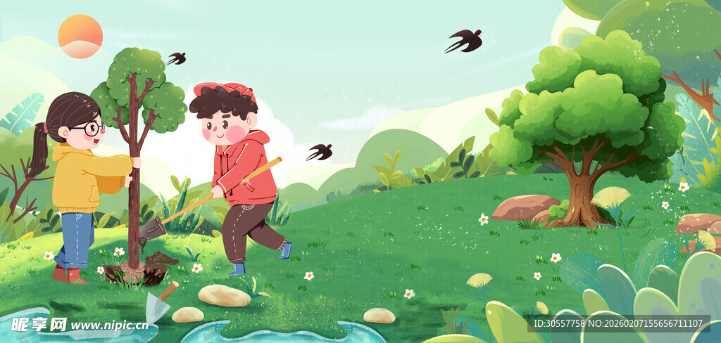 植树节清新春季植树孩童背景