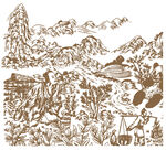 中式山水风景线描插画
