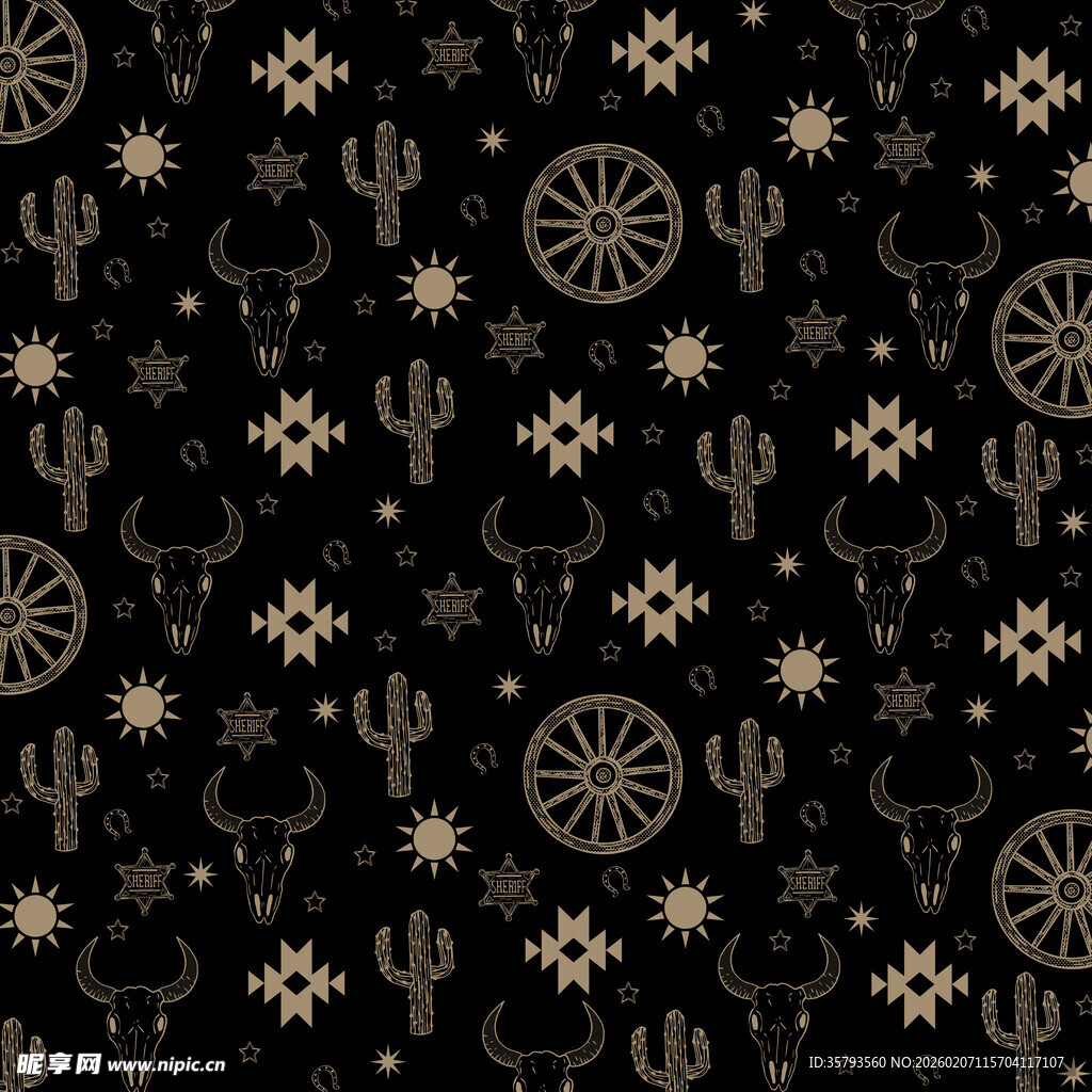 西部风黑金仙人掌图案背景