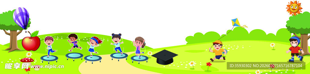 卡通小孩在草地蹦床