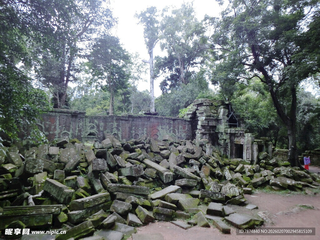 古老废墟隐于繁茂树林中
