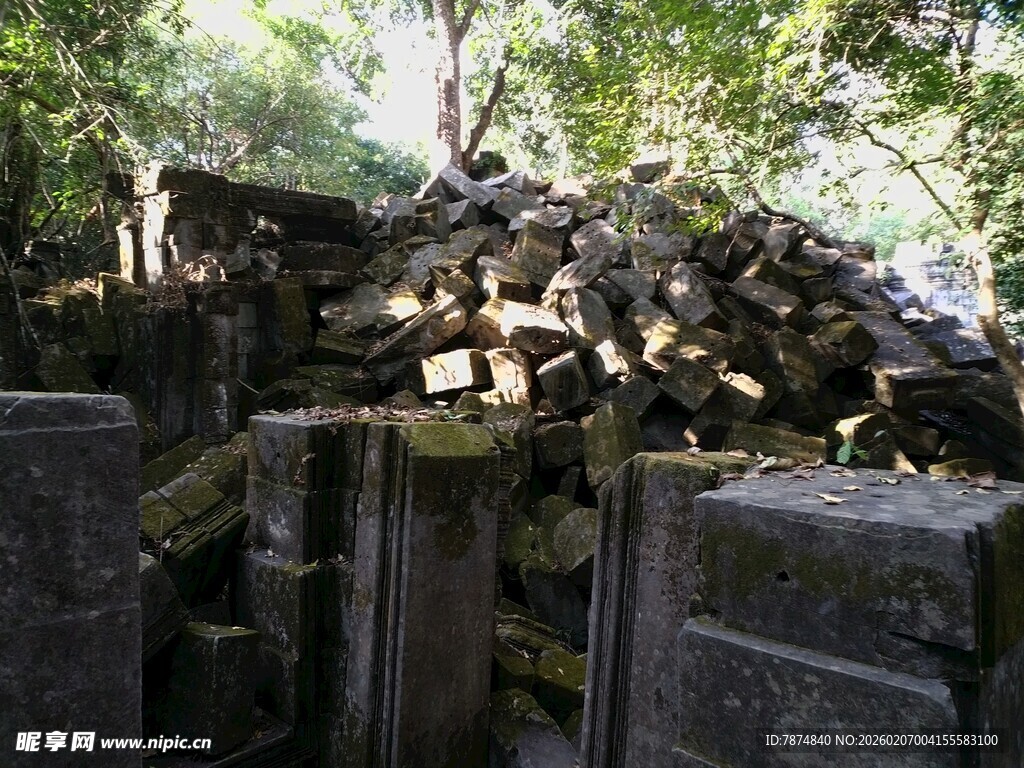 古老石堆隐于树林间