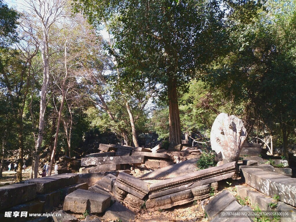 柬埔寨古老遗址中的石堆与树木