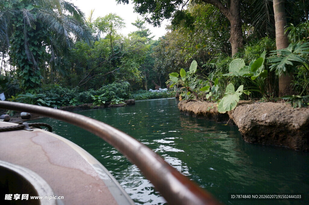 乘船穿梭于绿意盎然河道
