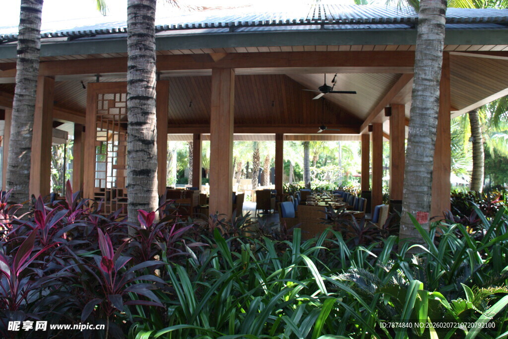 户外绿植环绕的木质凉亭