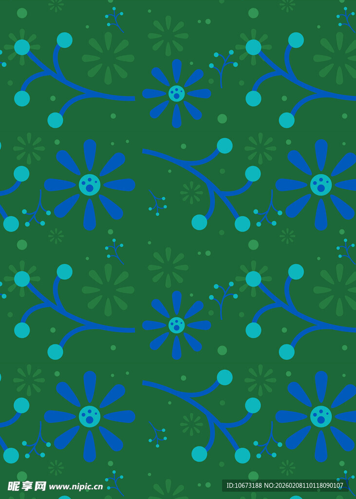 绿色背景蓝色花朵图案