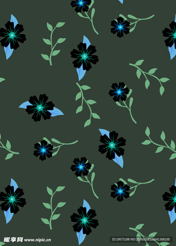 深绿底蓝黑花朵图案