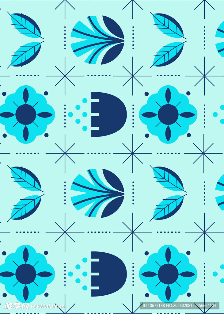 蓝调几何花卉无缝图案