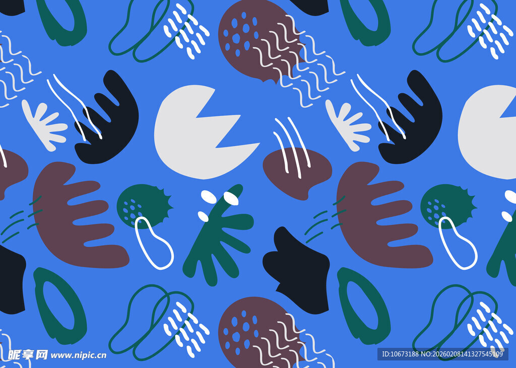 蓝色底抽象动植物图案
