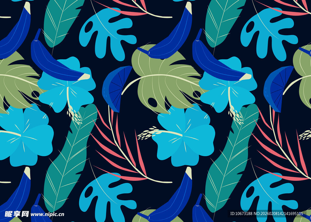 热带花卉与叶片图案设计