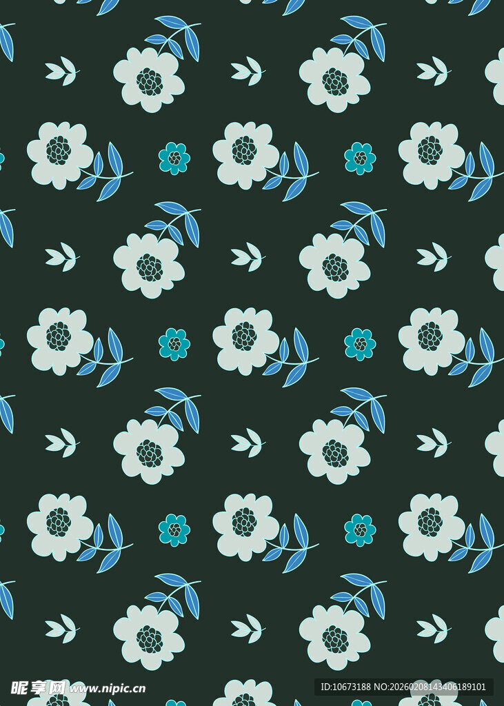 蓝白花卉黑色背景图案