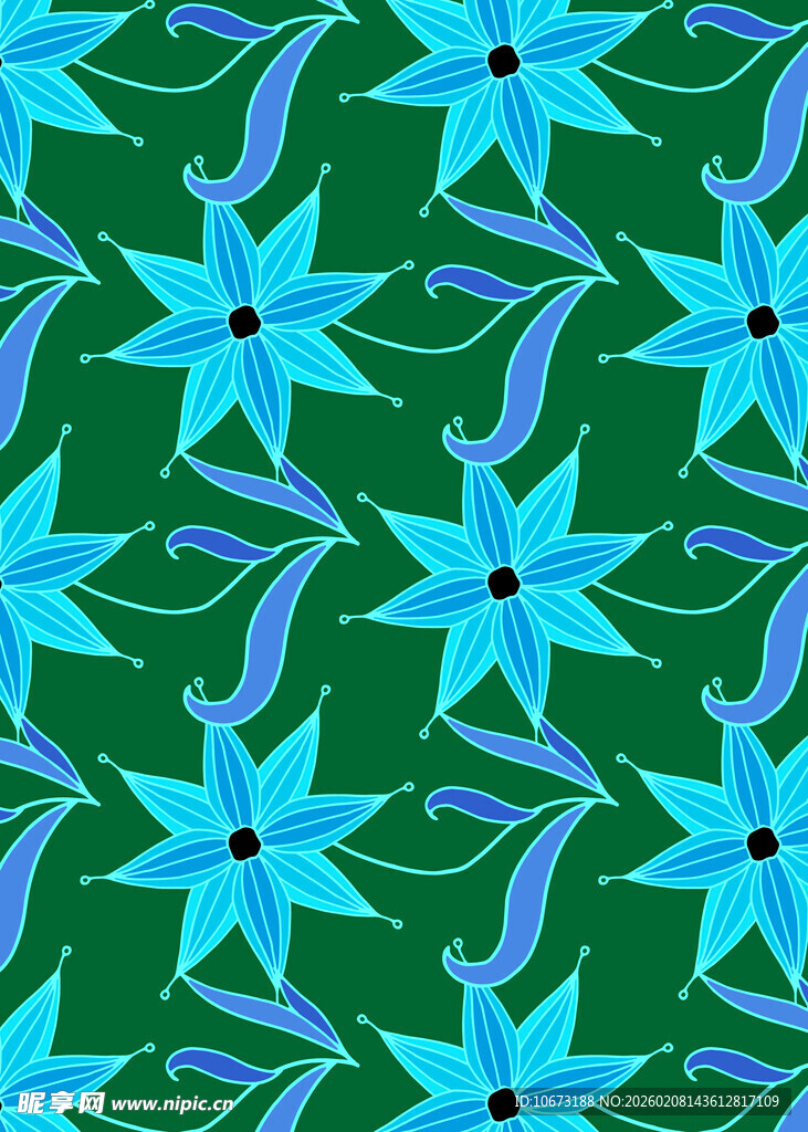 蓝花绿底无缝花卉图案