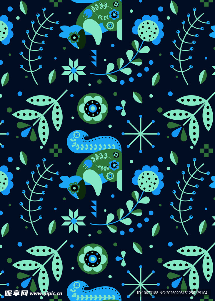 深蓝底奇幻动物花卉图案