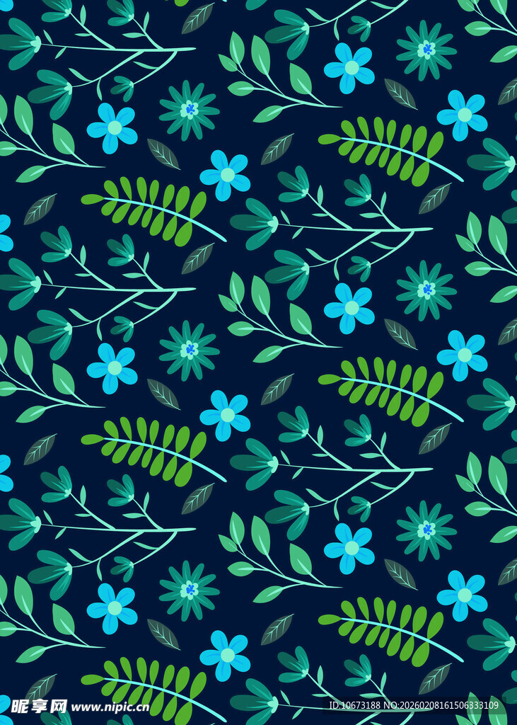 蓝色花卉绿叶图案背景