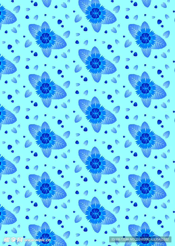 蓝色花卉图案无缝背景图