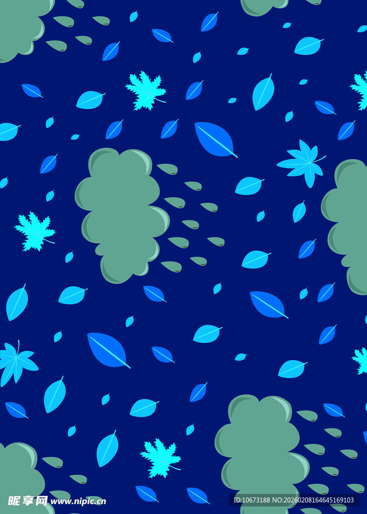 蓝色背景的树叶雨滴图案