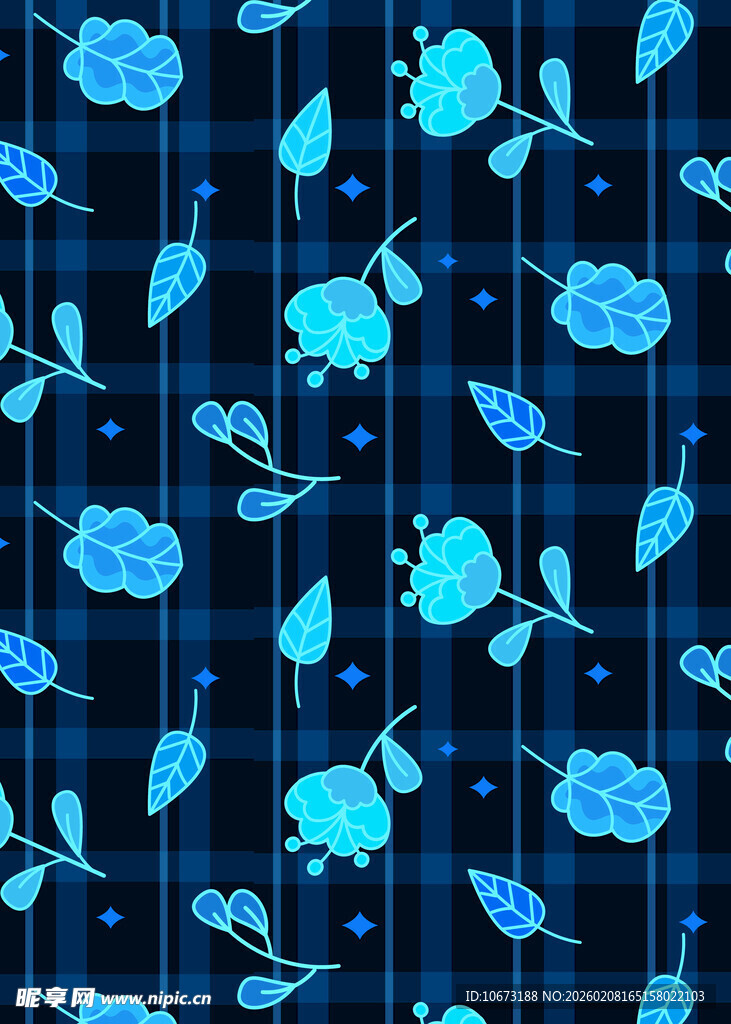蓝色花卉格子图案背景