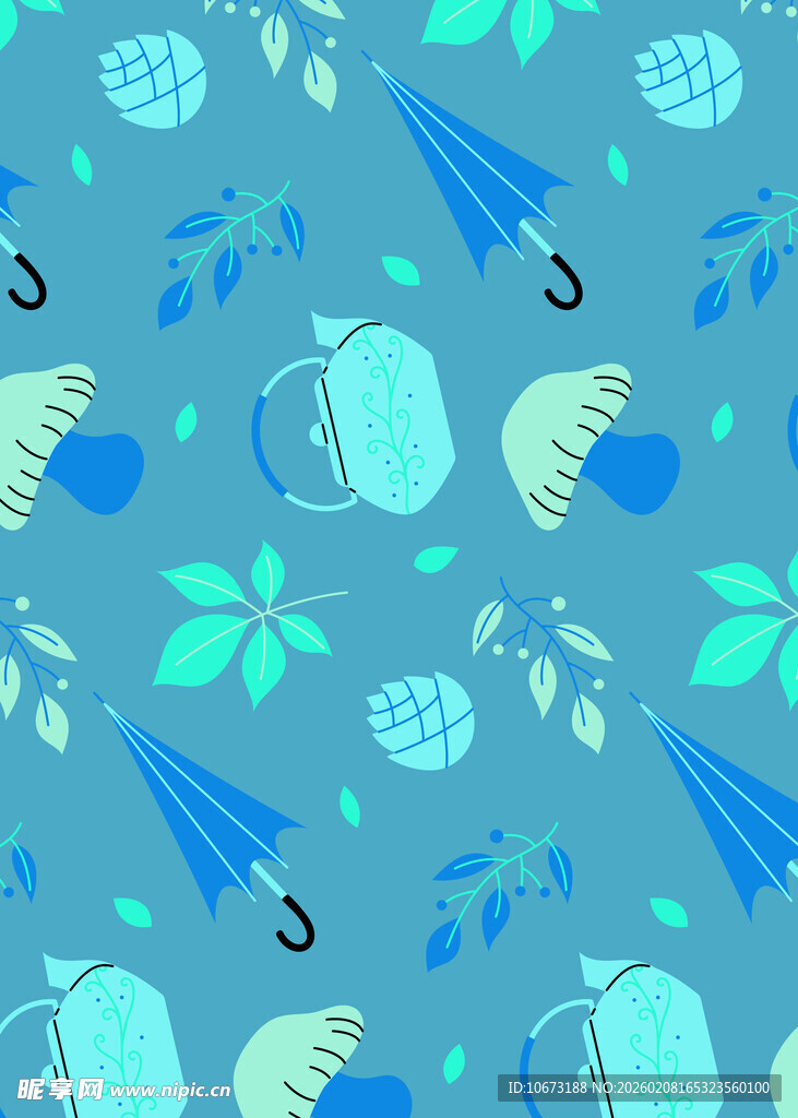 清新蓝底雨具植物图案