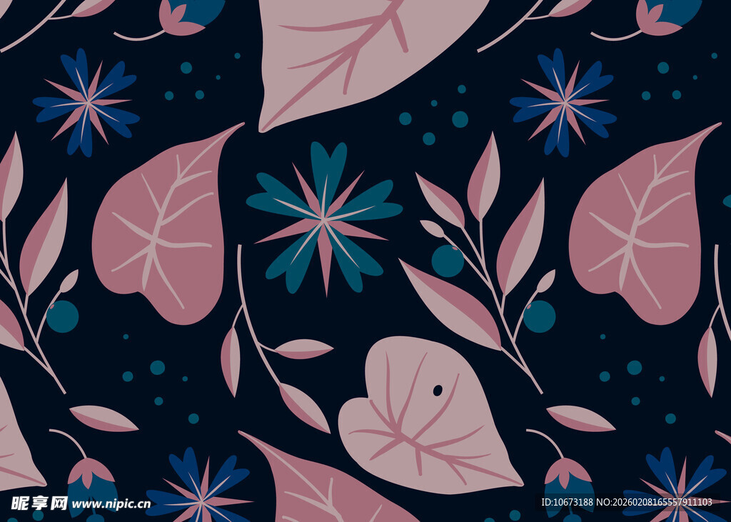 深蓝底花卉植物图案