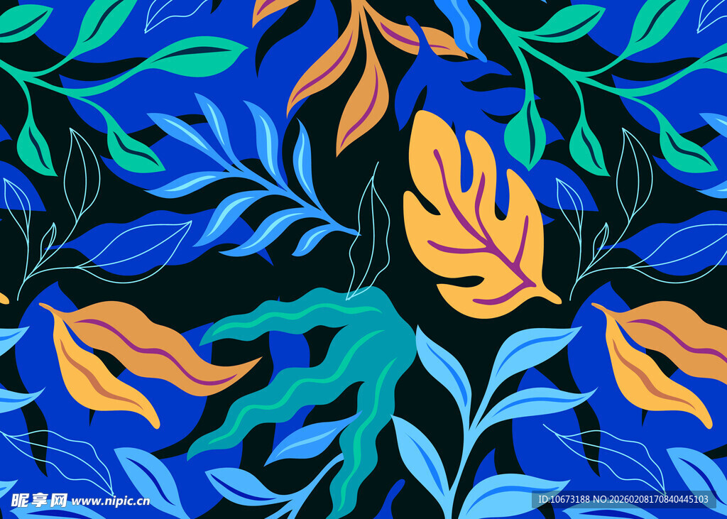 蓝黄绿叶植物花纹图案