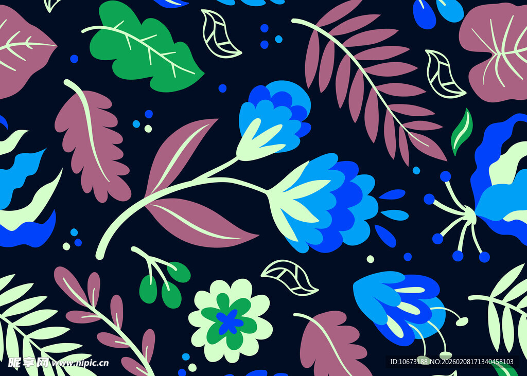 深蓝背景多彩花卉图案