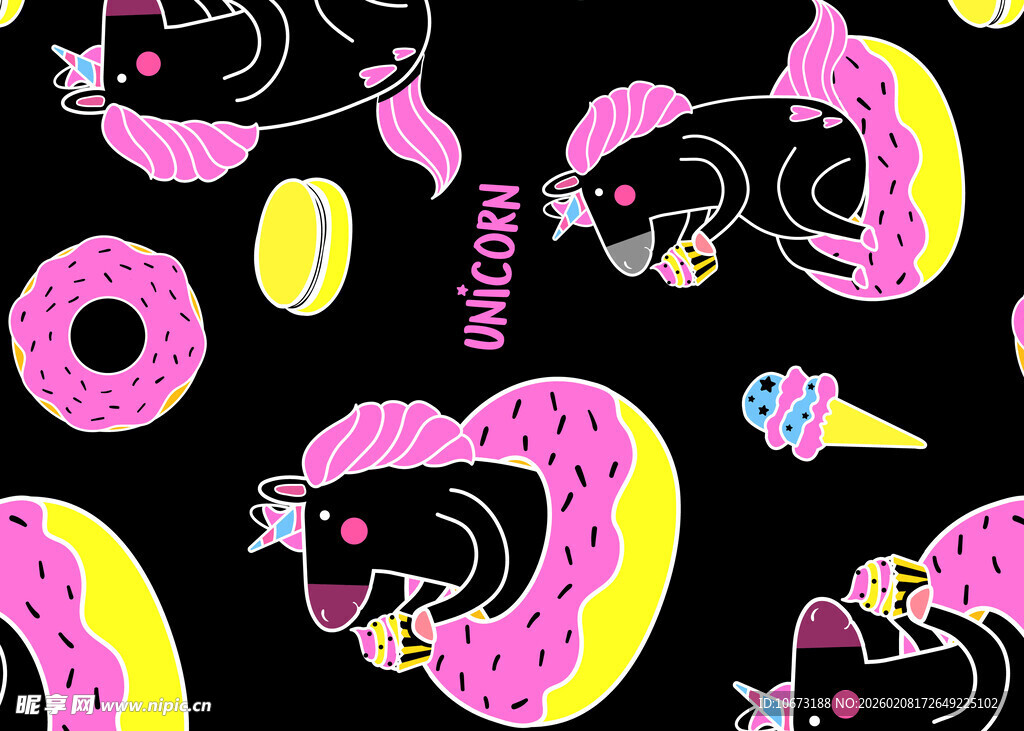 可爱卡通黑猫与甜点图案