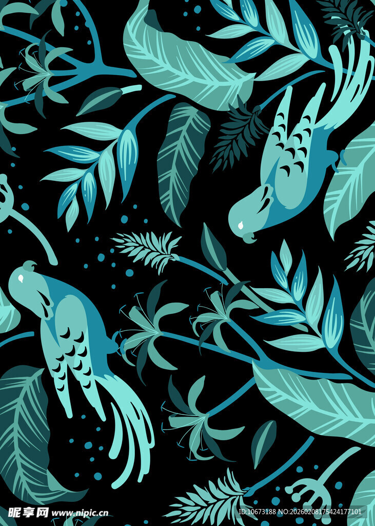 蓝绿植物与飞鸟图案设计