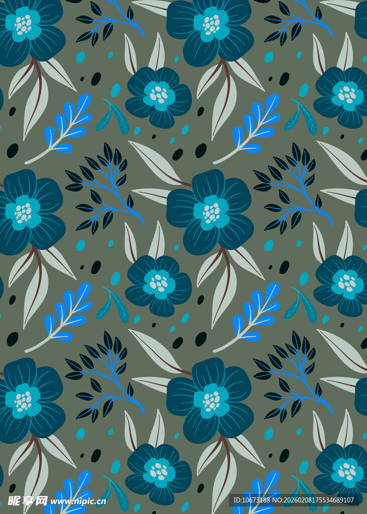 蓝花绿叶几何图案背景